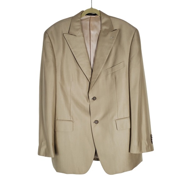 Sean John 43R 37R Gold Beige Silk Wool Two-Piece Suit Blazer Pants Career Formal